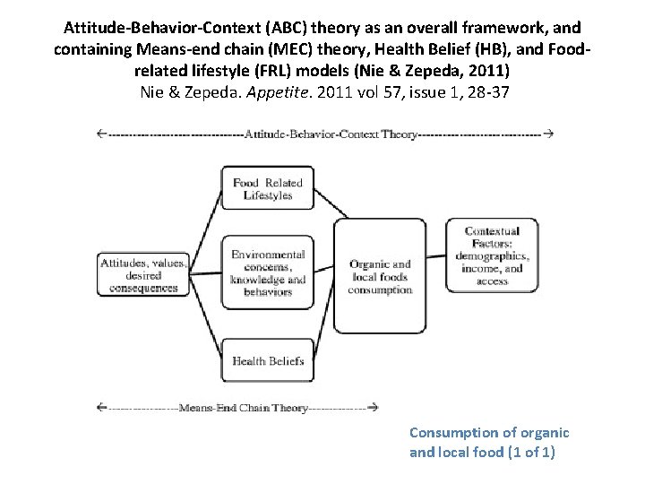 Attitude-Behavior-Context (ABC) theory as an overall framework, and containing Means-end chain (MEC) theory, Health
