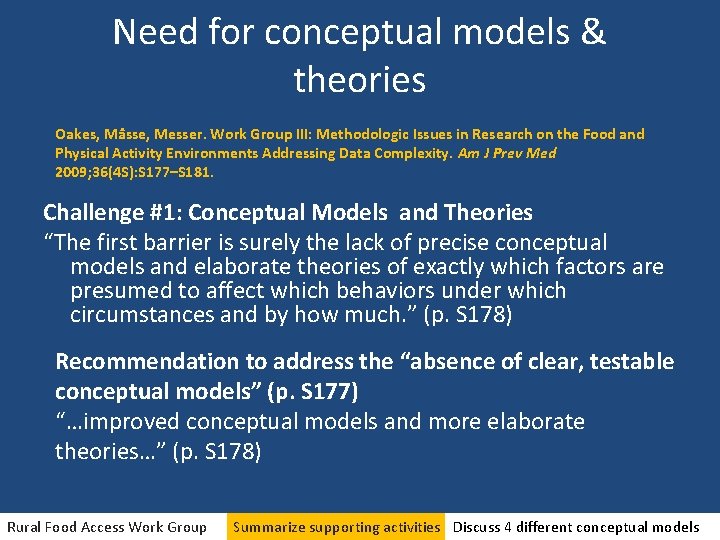 Need for conceptual models & theories Oakes, Mâsse, Messer. Work Group III: Methodologic Issues