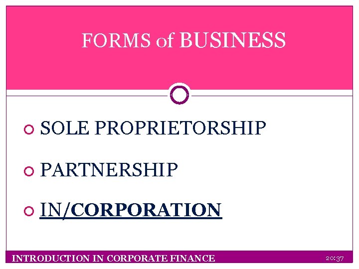 FORMS of BUSINESS SOLE PROPRIETORSHIP PARTNERSHIP IN/CORPORATION INTRODUCTION IN CORPORATE FINANCE 20: 37 