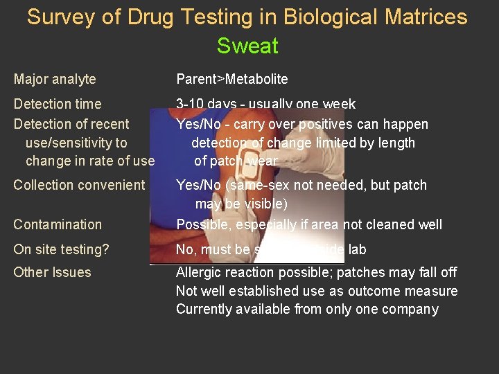 Survey of Drug Testing in Biological Matrices Sweat Major analyte Parent>Metabolite Detection time Detection