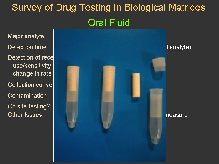 Survey of Drug Testing in Biological Matrices Oral Fluid Major analyte Parent>Metabolite Detection time