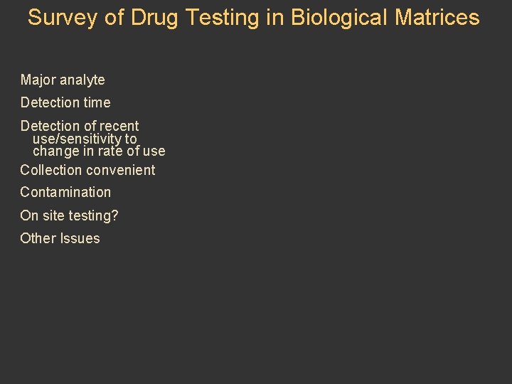 Survey of Drug Testing in Biological Matrices Major analyte Detection time Detection of recent