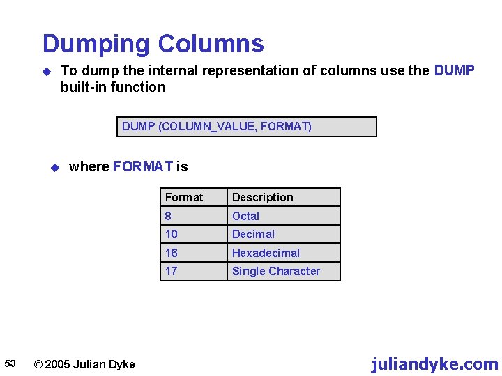 Dumping Columns u To dump the internal representation of columns use the DUMP built-in