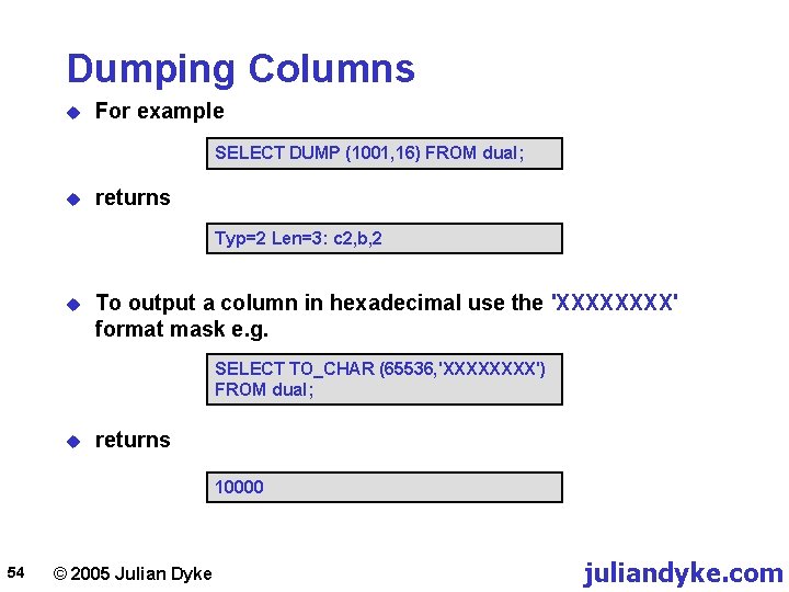 Dumping Columns u For example SELECT DUMP (1001, 16) FROM dual; u returns Typ=2