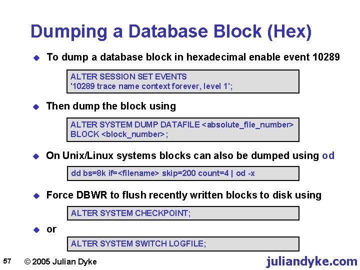 Dumping a Database Block (Hex) u To dump a database block in hexadecimal enable