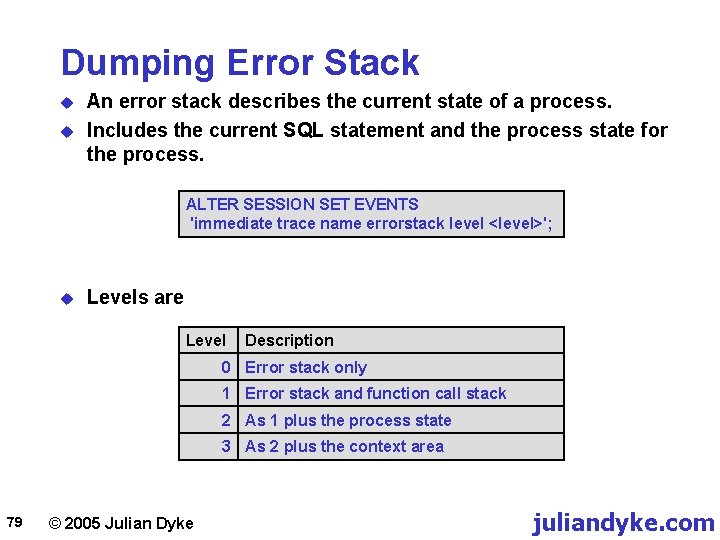 Dumping Error Stack u u An error stack describes the current state of a