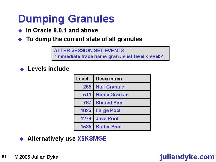 Dumping Granules u u In Oracle 9. 0. 1 and above To dump the