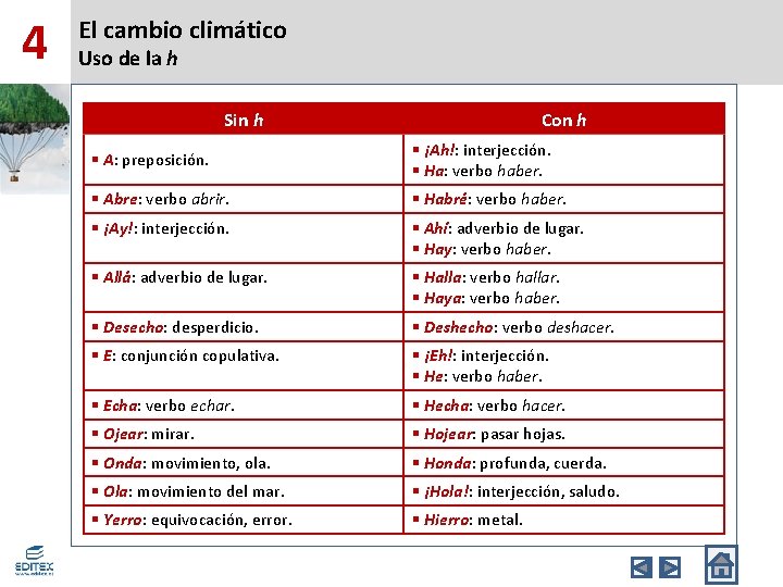 4 El cambio climático Uso de la h Sin h Con h § A: