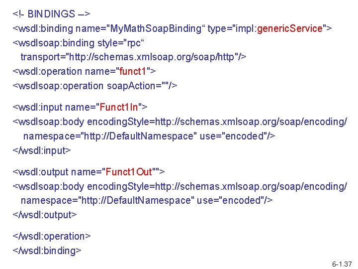 <!- BINDINGS --> <wsdl: binding name="My. Math. Soap. Binding“ type="impl: generic. Service"> <wsdlsoap: binding