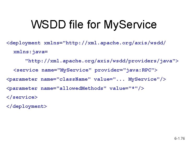 WSDD file for My. Service <deployment xmlns="http: //xml. apache. org/axis/wsdd/ xmlns: java= "http: //xml.