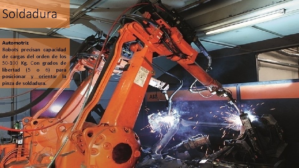 Soldadura Automotriz Robots precisan capacidad de cargas del orden de los 50 -100 Kg.