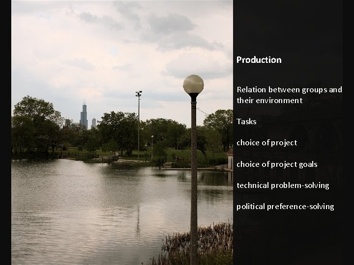 Production Relation between groups and their environment Tasks choice of project goals technical problem-solving