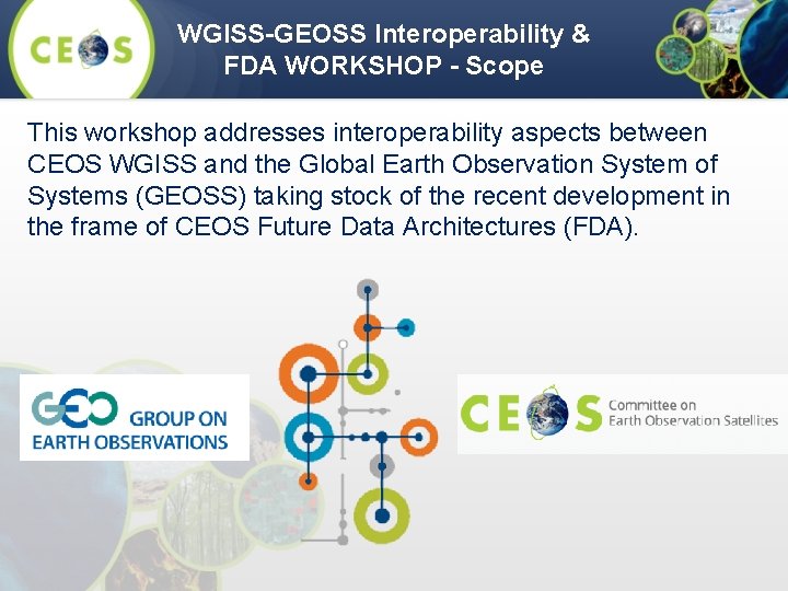 WGISS-GEOSS Interoperability & FDA WORKSHOP - Scope This workshop addresses interoperability aspects between CEOS