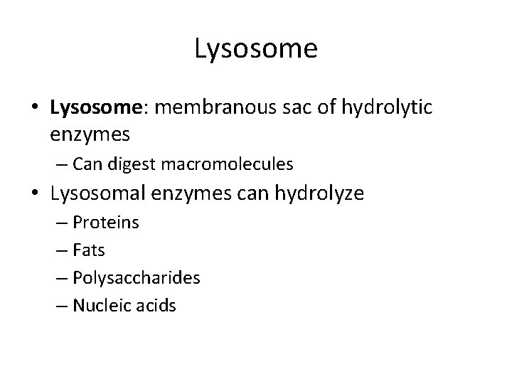 Lysosome • Lysosome: membranous sac of hydrolytic enzymes – Can digest macromolecules • Lysosomal