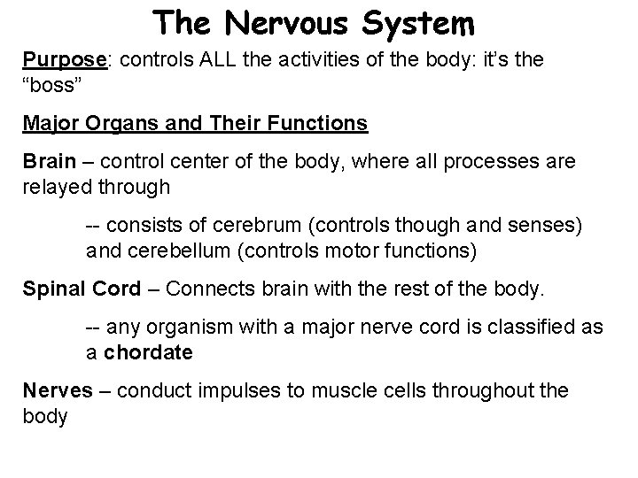 The Nervous System Purpose: controls ALL the activities of the body: it’s the “boss”