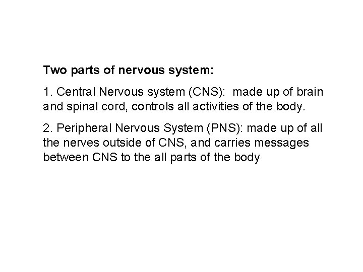 Two parts of nervous system: 1. Central Nervous system (CNS): made up of brain