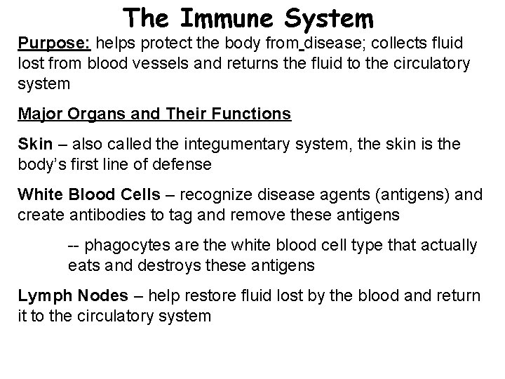 The Immune System Purpose: helps protect the body from disease; collects fluid lost from