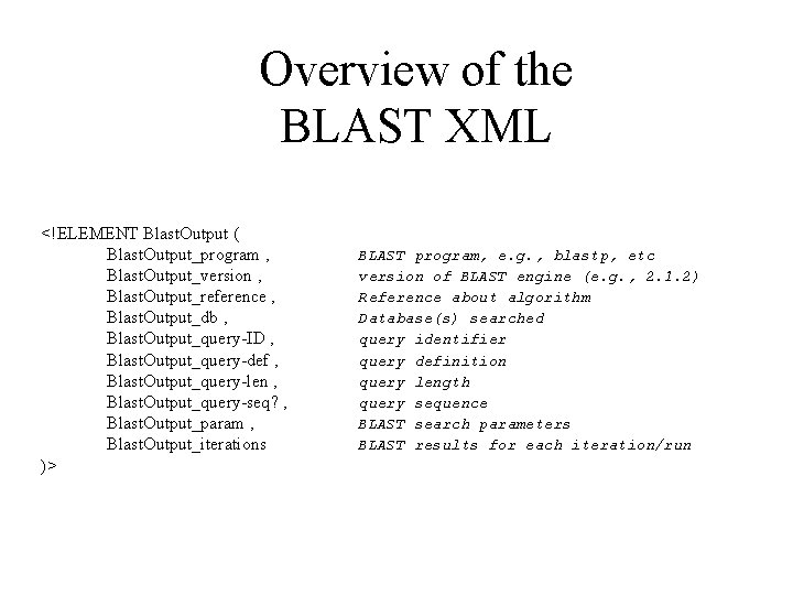 Overview of the BLAST XML <!ELEMENT Blast. Output ( Blast. Output_program , Blast. Output_version