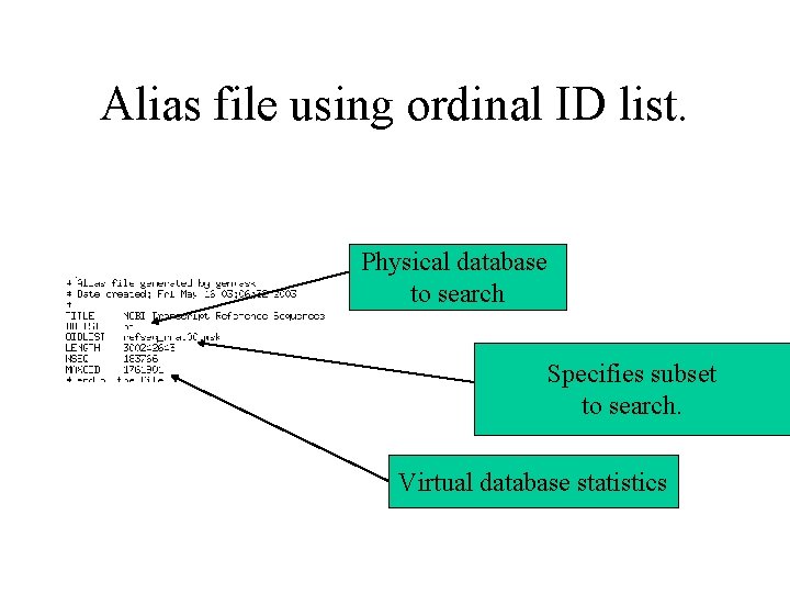 Alias file using ordinal ID list. Physical database to search Specifies subset to search.