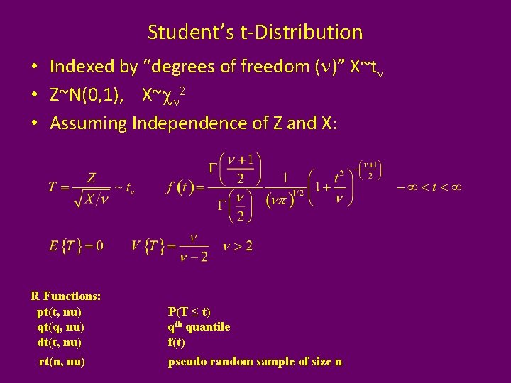 Student’s t-Distribution • Indexed by “degrees of freedom (n)” X~tn • Z~N(0, 1), X~cn