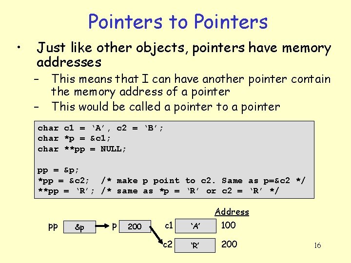 Pointers to Pointers • Just like other objects, pointers have memory addresses – –