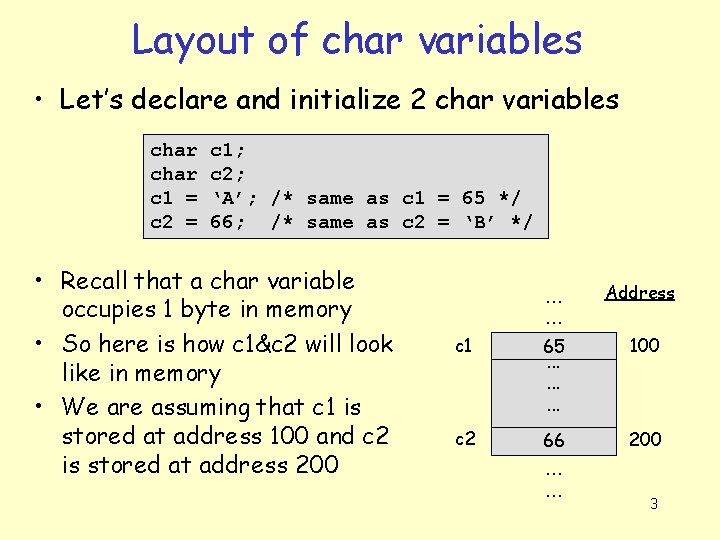 Layout of char variables • Let’s declare and initialize 2 char variables char c