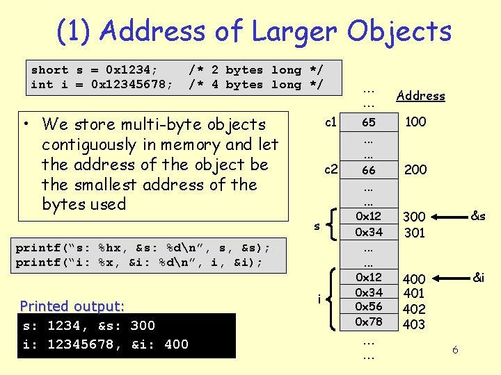 (1) Address of Larger Objects short s = 0 x 1234; int i =