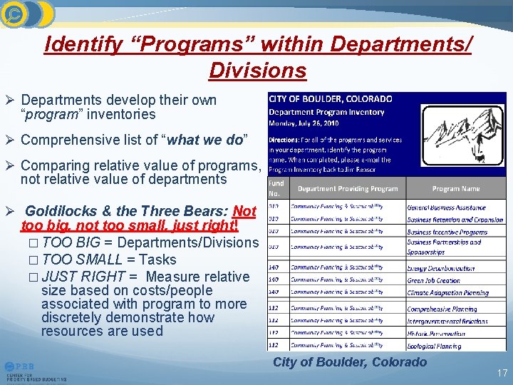 Identify “Programs” within Departments/ Divisions Ø Departments develop their own “program” inventories Ø Comprehensive