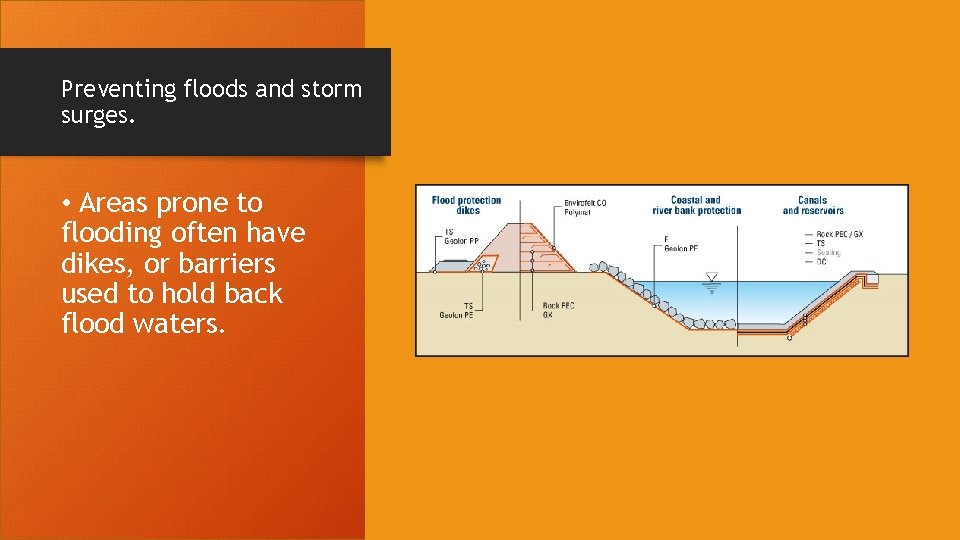 Preventing floods and storm surges. • Areas prone to flooding often have dikes, or