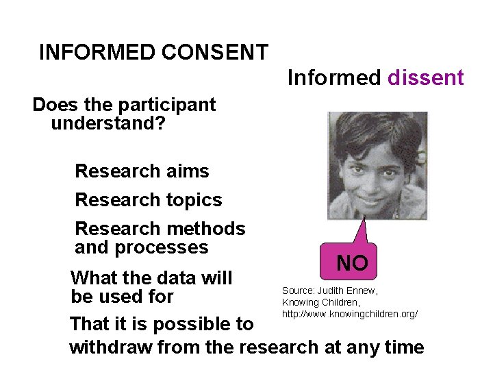 INFORMED CONSENT Informed dissent Does the participant understand? Research aims Research topics Research methods