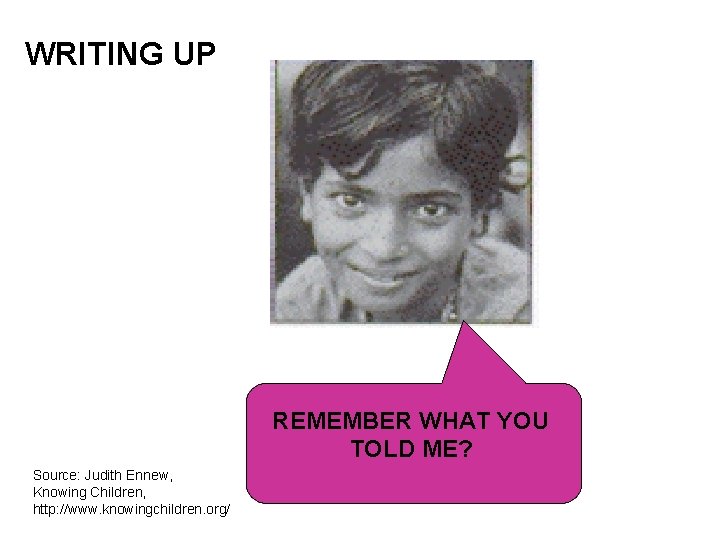 WRITING UP REMEMBER WHAT YOU TOLD ME? Source: Judith Ennew, Knowing Children, http: //www.