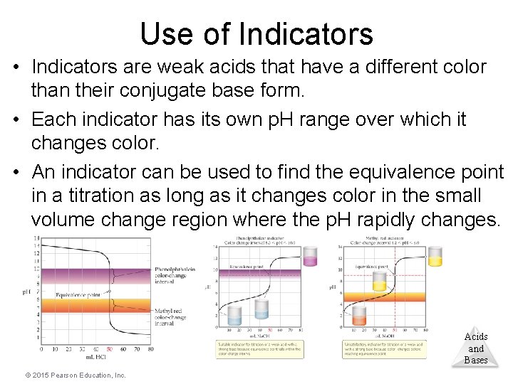 Use of Indicators • Indicators are weak acids that have a different color than