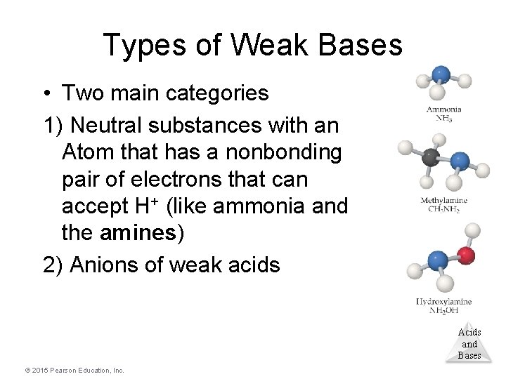 Types of Weak Bases • Two main categories 1) Neutral substances with an Atom
