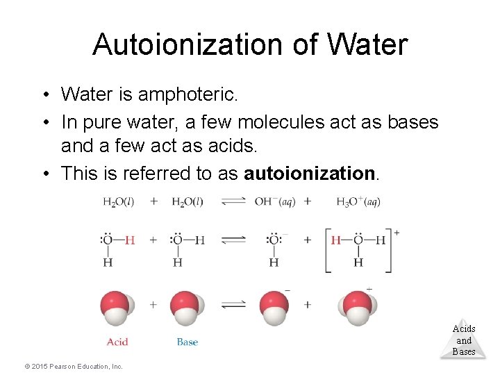 Autoionization of Water • Water is amphoteric. • In pure water, a few molecules