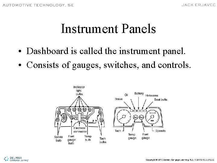 Instrument Panels • Dashboard is called the instrument panel. • Consists of gauges, switches,