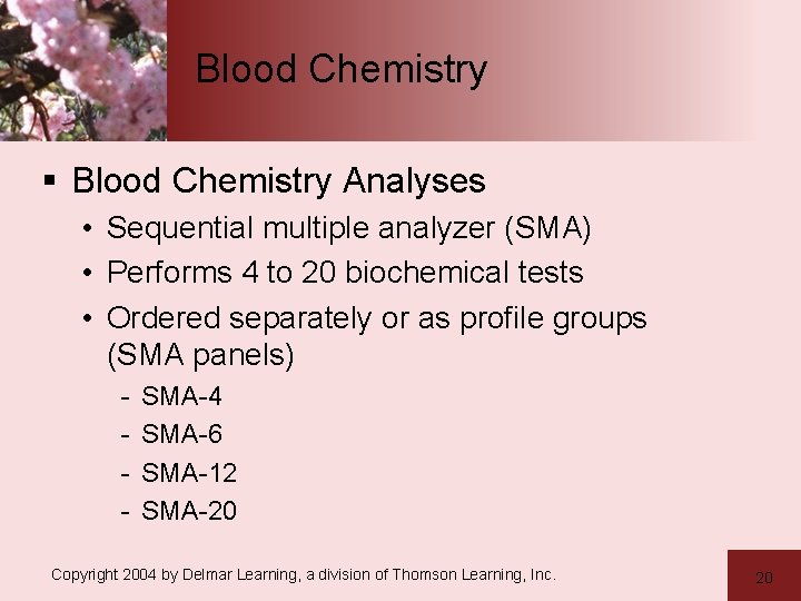 Blood Chemistry § Blood Chemistry Analyses • Sequential multiple analyzer (SMA) • Performs 4