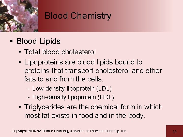 Blood Chemistry § Blood Lipids • Total blood cholesterol • Lipoproteins are blood lipids