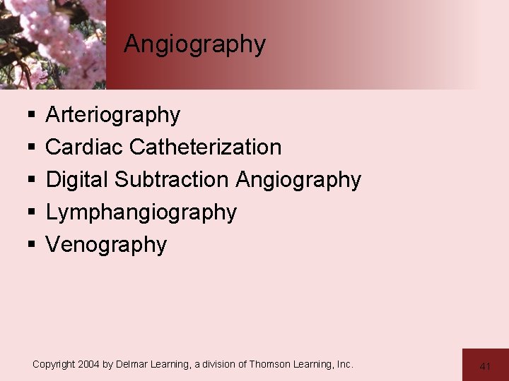 Angiography § § § Arteriography Cardiac Catheterization Digital Subtraction Angiography Lymphangiography Venography Copyright 2004