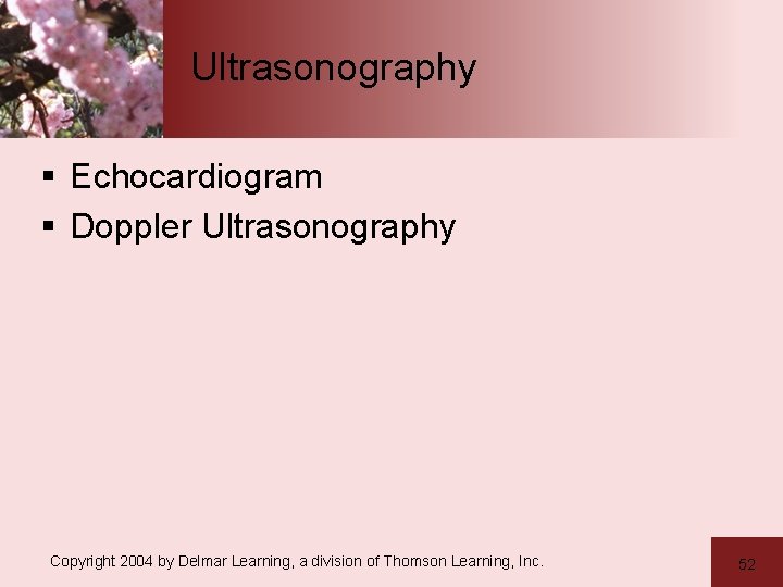 Ultrasonography § Echocardiogram § Doppler Ultrasonography Copyright 2004 by Delmar Learning, a division of