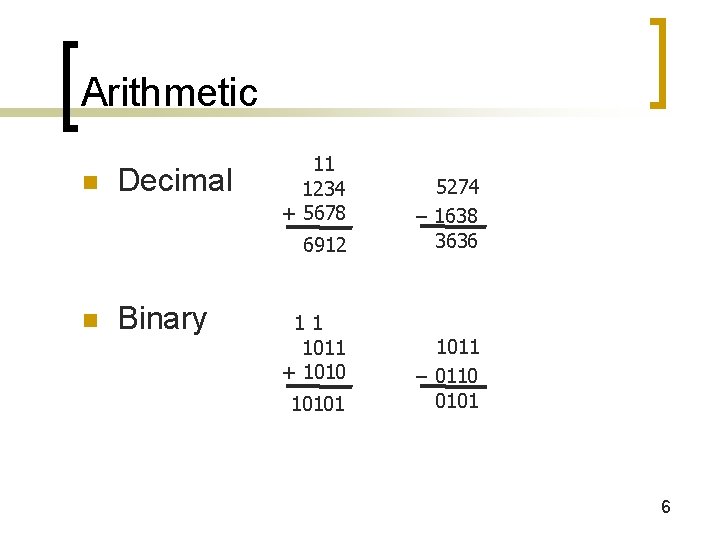 Arithmetic n Decimal 11 1234 + 5678 6912 n Binary 11 1011 + 10101