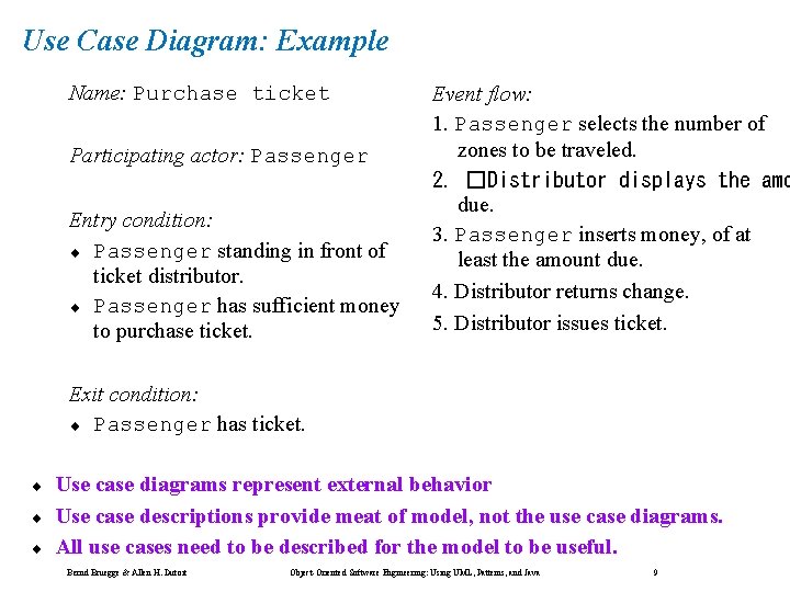 Use Case Diagram: Example Name: Purchase ticket Participating actor: Passenger Entry condition: ¨ Passenger Use Case Diagram: Example Name: Purchase ticket Participating actor: Passenger Entry condition: ¨ Passenger