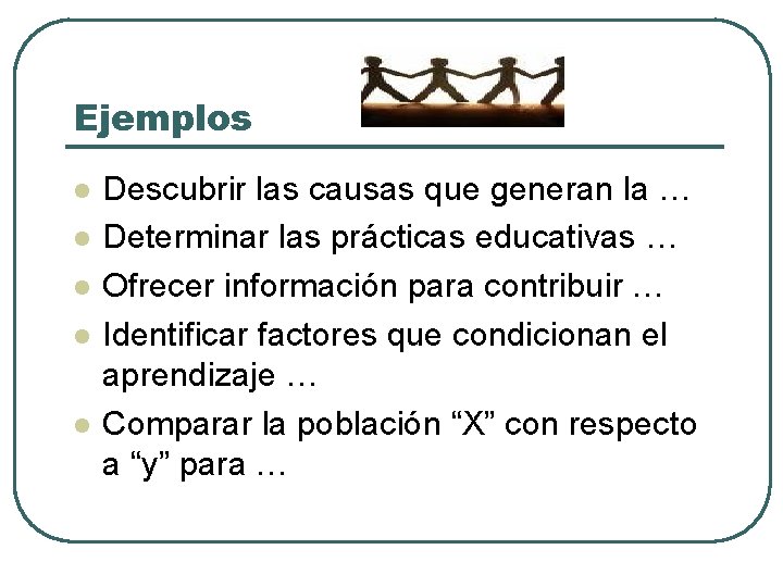 Ejemplos l l l Descubrir las causas que generan la … Determinar las prácticas