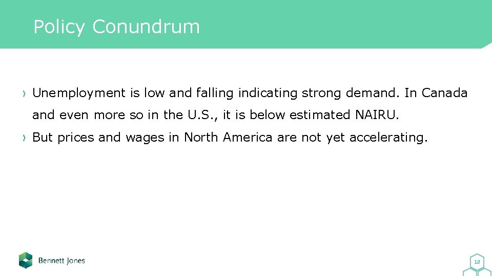 Policy Conundrum Unemployment is low and falling indicating strong demand. In Canada and even