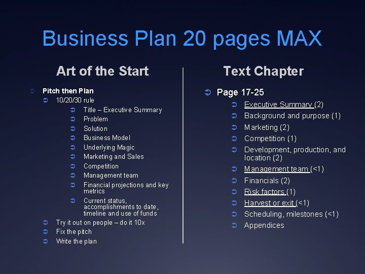 Business Plan 20 pages MAX Art of the Start Ü Pitch then Plan Ü