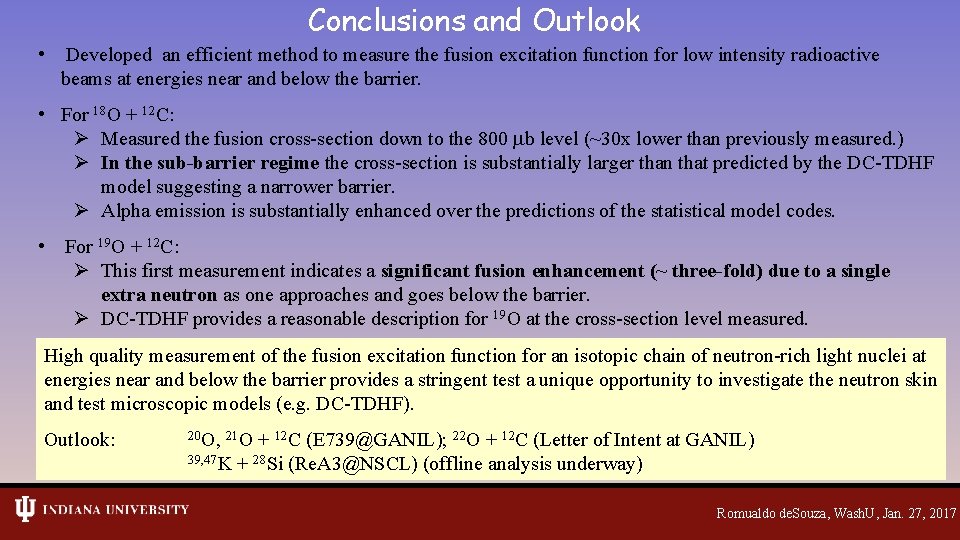 Conclusions and Outlook • Developed an efficient method to measure the fusion excitation function