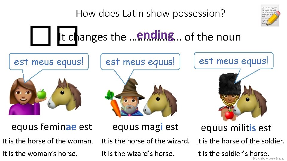 How does Latin show possession? �� ending of the noun It changes the ……………….