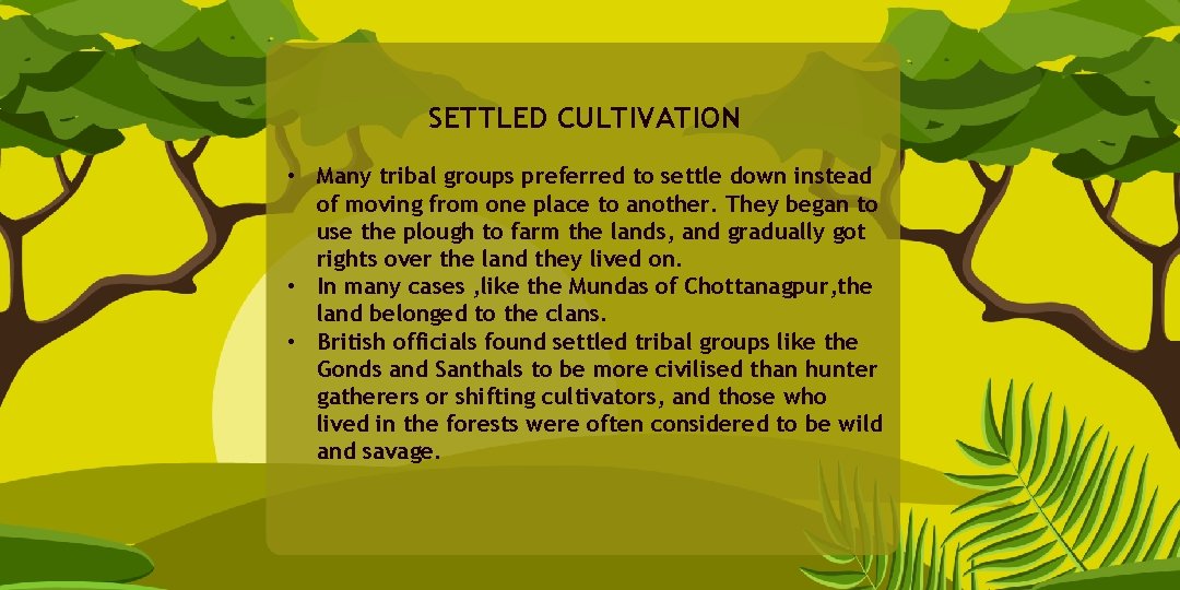SETTLED CULTIVATION • Many tribal groups preferred to settle down instead of moving from