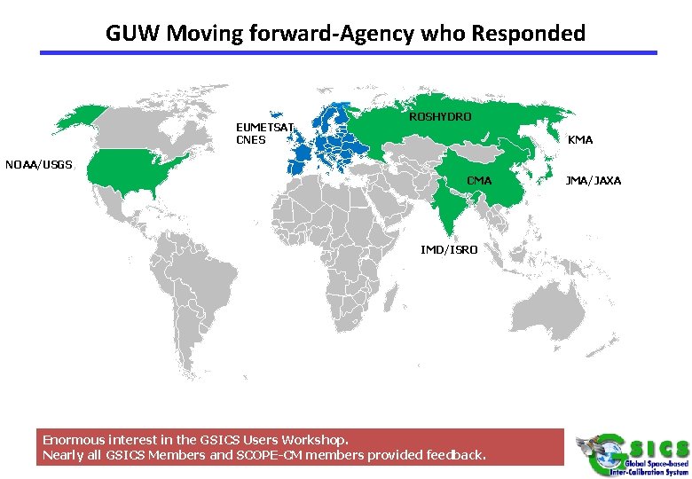 GUW Moving forward-Agency who Responded WMO EUMETSAT CNES ROSHYDRO KMA A NOAA/USGS KMA CMA