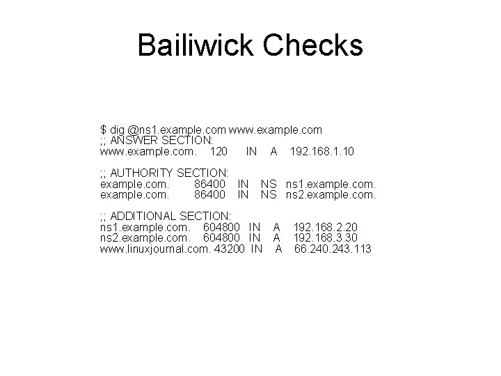 Bailiwick Checks $ dig @ns 1. example. com www. example. com ; ; ANSWER