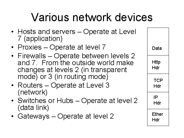 Various network devices • Hosts and servers – Operate at Level 7 (application) •